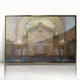 Mid-century modernist art depicting a synagogue in acrylic with gold accents, ideal for nursery wall art.