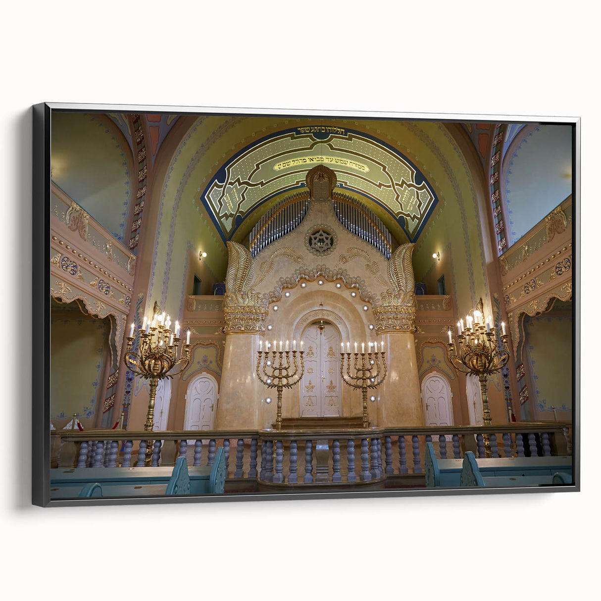 Black and white vintage poster art of a synagogue on framed canvas, ideal for bedroom wall decor.