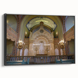 Black and white vintage poster art of a synagogue on framed canvas, ideal for bedroom wall decor.