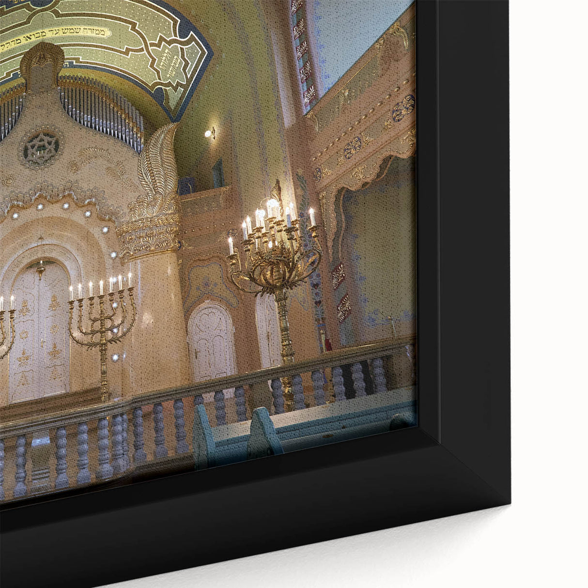 Black wall art featuring a textured synagogue design in colorful art style, ideal for extra large living room decor.