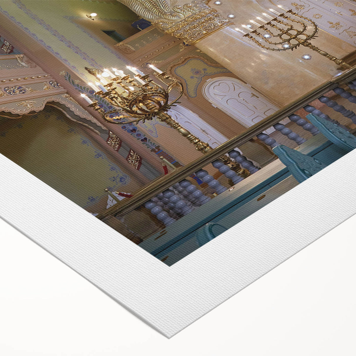 Art deco poster of a synagogue in muted gold and blue tones on rolled canvas, suitable for dining room decor.