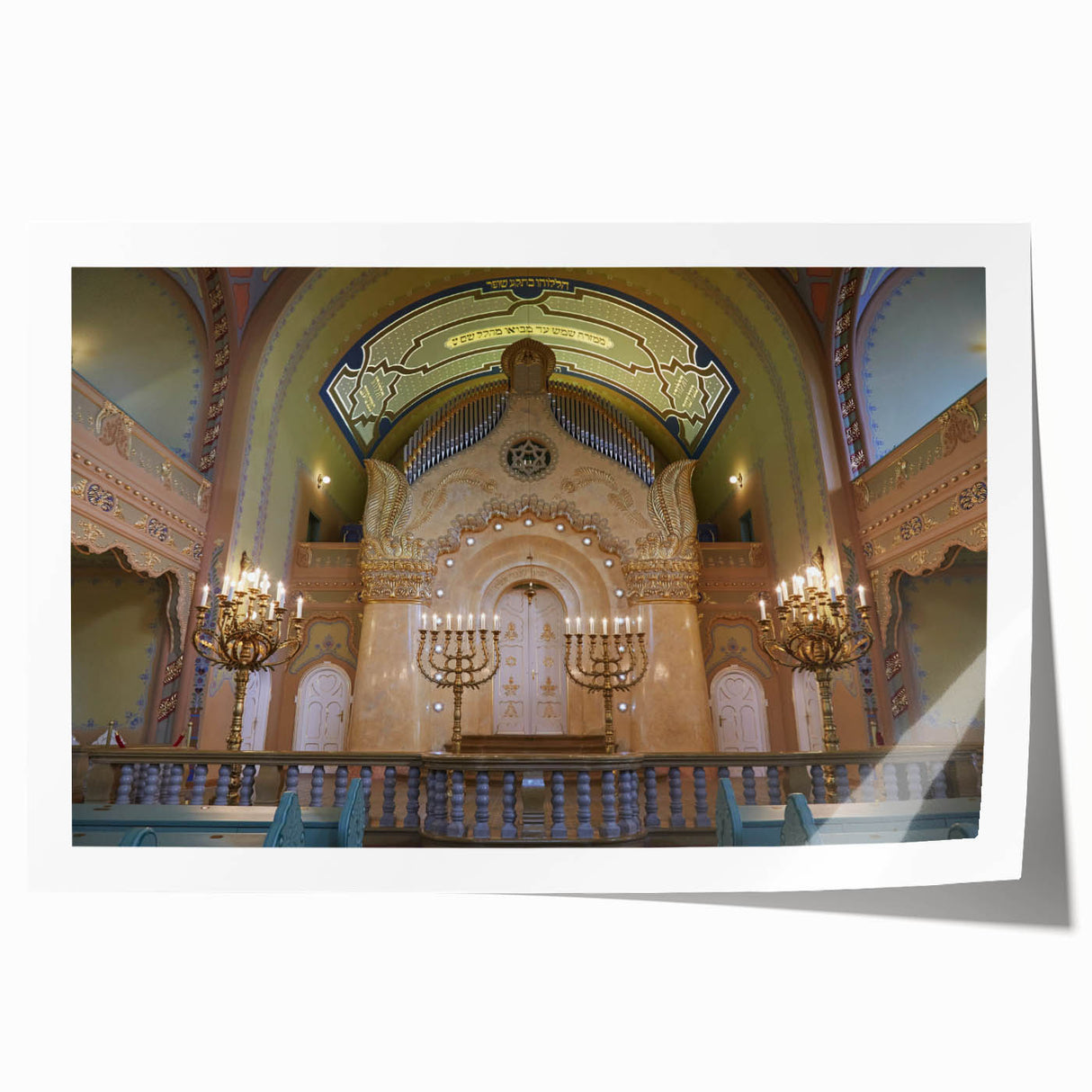 Extra large rolled print depicting a detailed synagogue design in muted earth tones, ideal for art wall dining room.