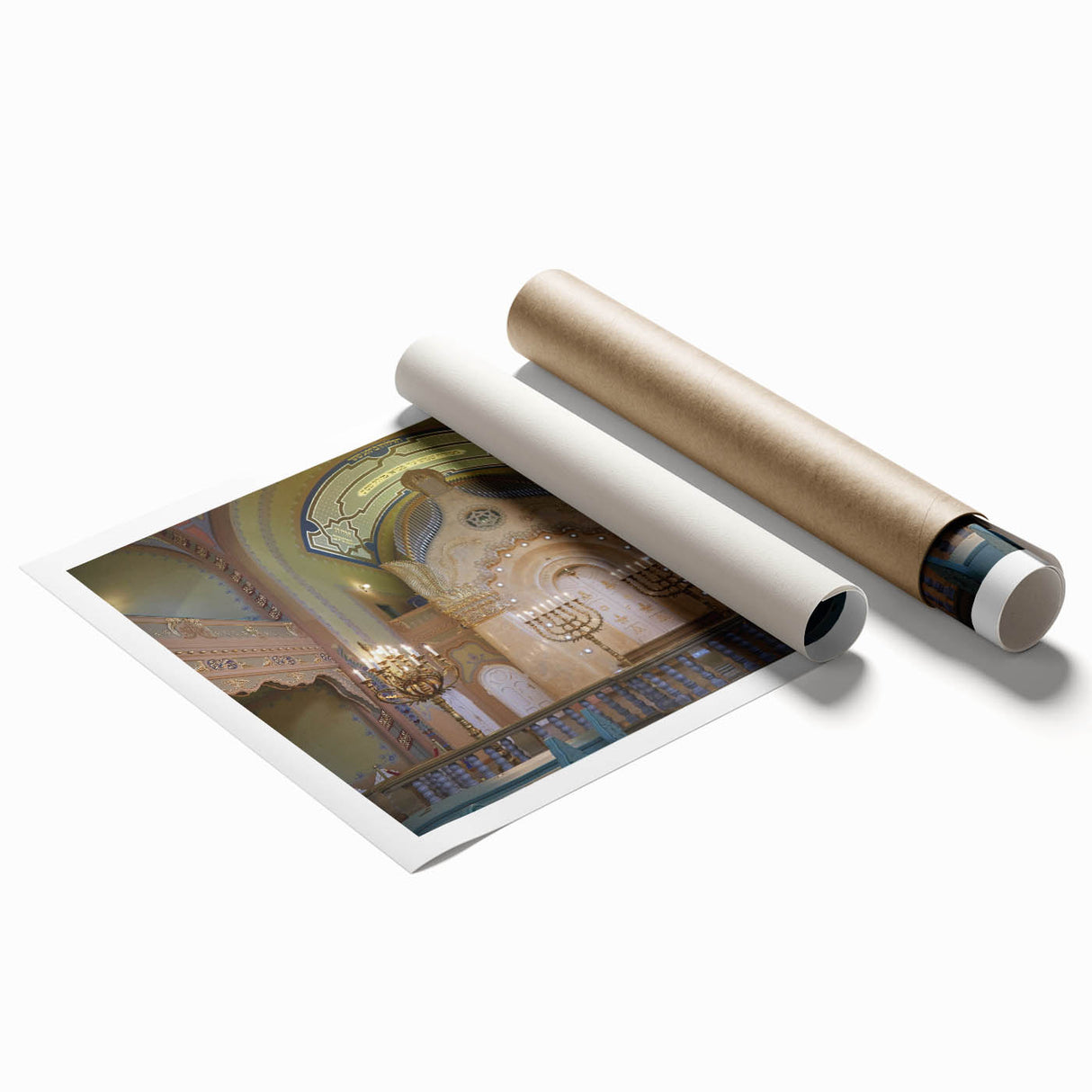 Extra large rolled print of a synagogue in muted earth tones, ideal for classy bathroom wall art.
