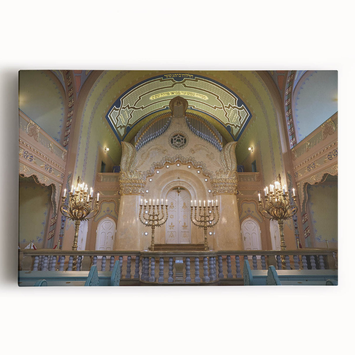 Black and white photograph of a synagogue on stretched canvas, ideal for kitchen wall art.