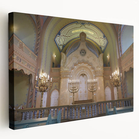 Side view of a stretched canvas featuring a detailed synagogue design in muted earth tones, suitable for kitchen wall art.