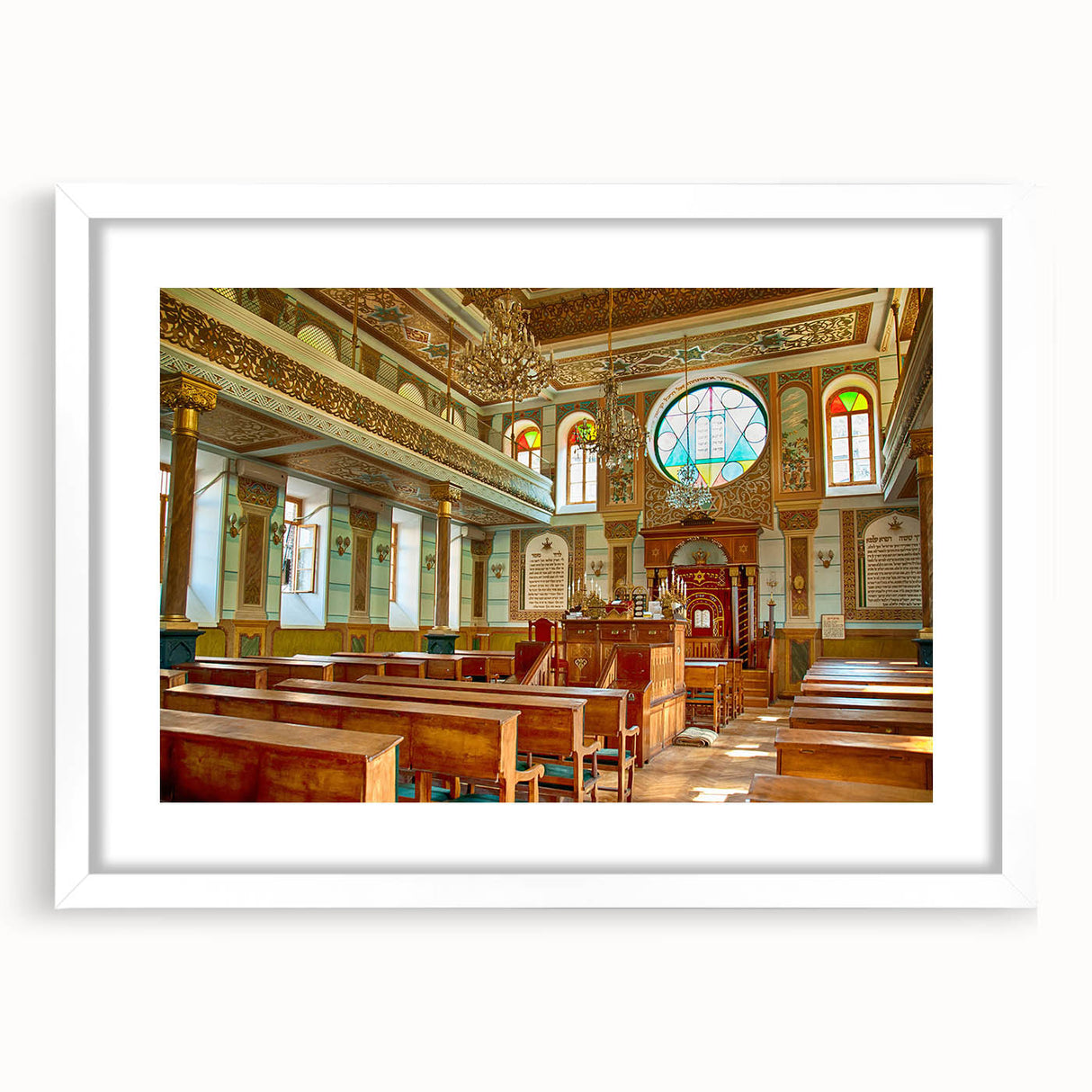 Extra large abstract art print of a textured synagogue, in muted earth tones, framed with a white mat.