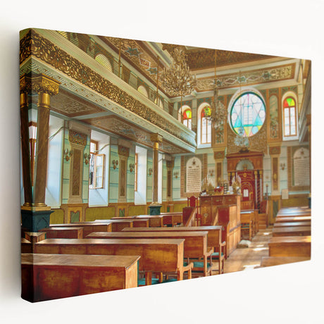 Side view of a stretched canvas featuring a detailed synagogue design in muted earth tones, ideal for kitchen wall art.