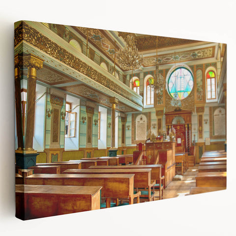 Side view of a stretched canvas featuring a detailed synagogue design in muted earth tones, ideal for kitchen wall art.