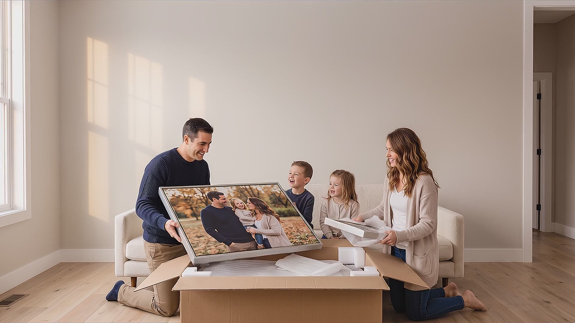 Family hanging a gallery wall of custom framed canvas photo prints above their sofa