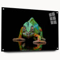 Colorful chameleon wall art in acrylic glass, showcasing vibrant green and blue hues, displayed with pins for a modern touch in home decor. Ideal for reptile enthusiasts and nature lovers.