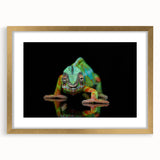 Charming wall art featuring a vibrant chameleon design in a gold frame with matting, perfect for adding a colorful touch to any room decor. Ideal for reptile enthusiasts or nature lovers.
