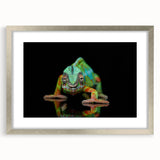 Chameleon-themed wall art framed in silver, showcasing vibrant colors and intricate details, perfect for reptile lovers and home decor enthusiasts.