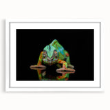 Chameleon wall art print featuring vibrant colors and intricate details, framed with a white mat, ideal for enhancing modern decor in living spaces.