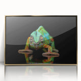 Framed wall art featuring a vibrant chameleon design in gold and green hues, showcasing intricate details and textures, perfect for reptile enthusiasts and home decor.