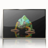 Framed wall art showcasing a vibrant chameleon design in shades of green and blue on an acrylic surface, perfect for enhancing modern home decor.