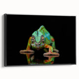 Framed chameleon wall art in vibrant colors, showcasing intricate details and a black frame, perfect for enhancing modern home decor and reptile-themed spaces.