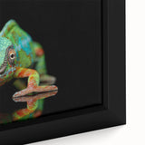 Close-up of a framed canvas wall art featuring a vibrant chameleon design, showcasing intricate details and bold colors, perfect for reptile enthusiasts and home decor.