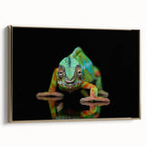 Framed wall art featuring a vibrant chameleon design against a gold background, showcasing intricate details and colorful textures, perfect for reptile enthusiasts.