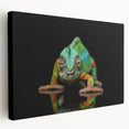 Stretched canvas wall art featuring a vibrant chameleon design in vivid greens and blues, perfect for enhancing any contemporary living space or reptile-themed decor.
