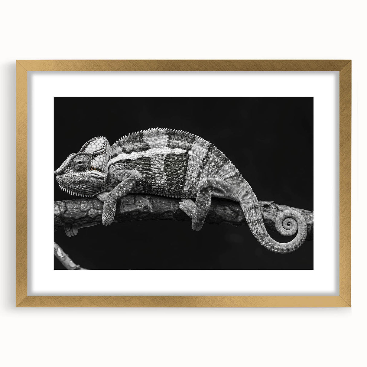 Chameleon-themed wall art featuring vibrant colors, framed in gold with a mat, ideal for enhancing modern decor in living spaces or reptile enthusiasts' collections.