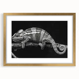 Chameleon-themed wall art featuring vibrant colors, framed in gold with a mat, ideal for enhancing modern decor in living spaces or reptile enthusiasts' collections.