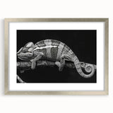 Charming chameleon wall art design framed in a sleek silver frame, featuring vibrant colors and intricate details, perfect for enhancing home decor in nature-themed spaces.
