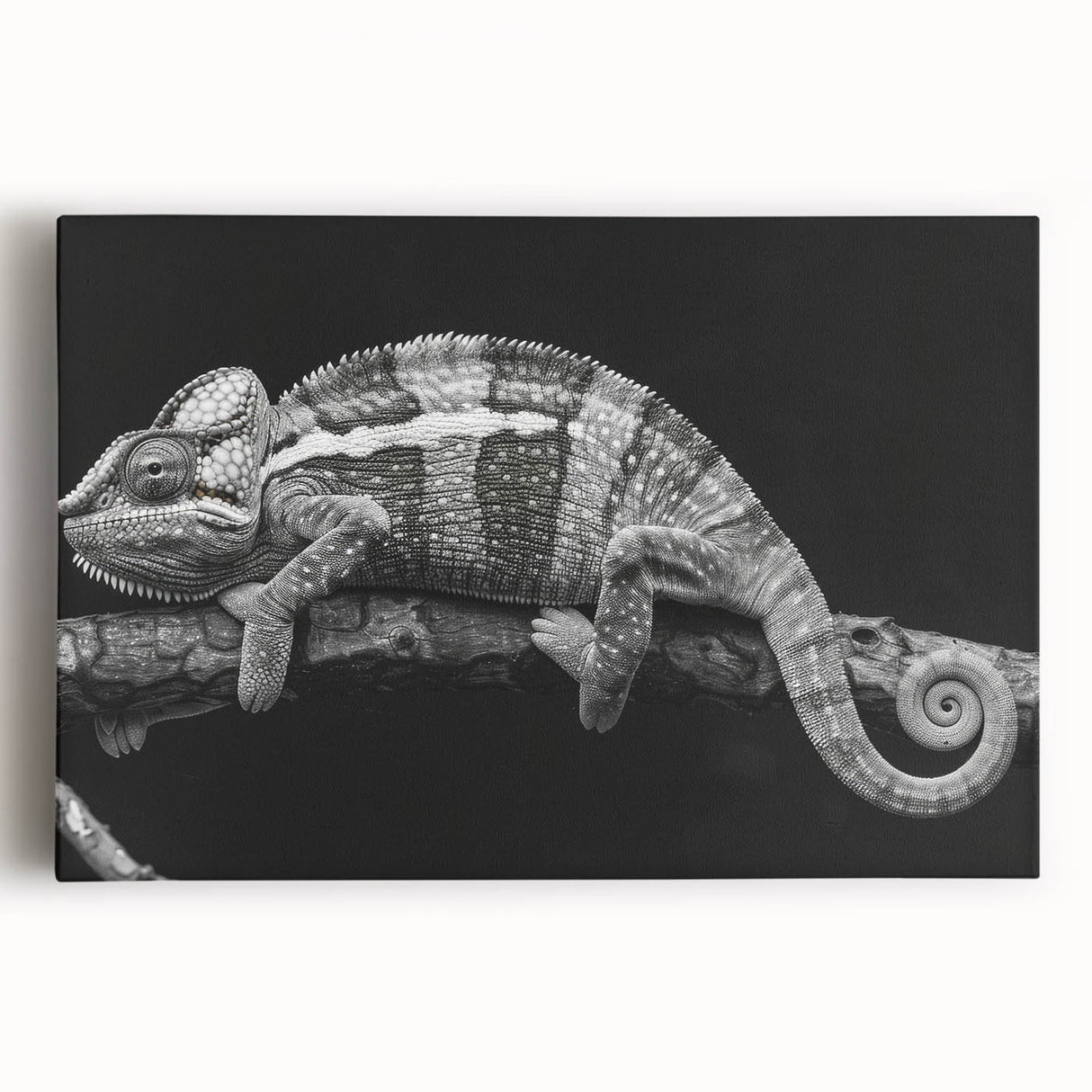 Vibrant chameleon-themed wall art design on stretched canvas, showcasing intricate colors and patterns, perfect for enhancing modern home decor and reptile enthusiasts.