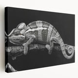 Colorful chameleon wall art design on stretched canvas, showcasing vibrant greens and blues, perfect for reptile enthusiasts and home decor, adding a unique touch to any space.