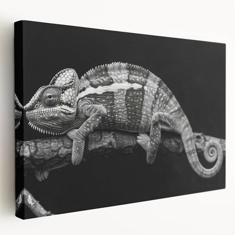Colorful chameleon wall art design on stretched canvas, showcasing vibrant greens and blues, perfect for reptile enthusiasts and home decor, adding a unique touch to any space.