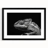 Chameleon-themed wall art framed in black with a white mat, showcasing vibrant colors and intricate details, perfect for reptile enthusiasts and home decor.