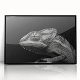 Framed wall art featuring a vibrant chameleon design in a modern black frame, perfect for adding a pop of color to any room decor. Ideal for reptile enthusiasts.