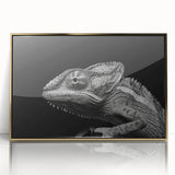 Framed wall art featuring a vibrant chameleon design in gold accents, showcasing intricate details and vivid colors, perfect for reptile enthusiasts and home decor.