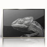 Framed wall art showcasing a vibrant chameleon design in acrylic with a sleek silver frame, perfect for adding a contemporary touch to any room.