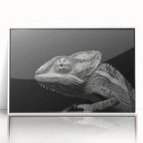 Framed acrylic wall art featuring a vibrant chameleon design in a white frame, showcasing intricate colors and details, perfect for reptile enthusiasts and home decor.