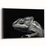 Framed canvas wall art featuring a vibrant chameleon design against a black background, showcasing intricate details and vivid colors, perfect for reptile enthusiasts.