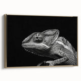 Framed canvas artwork showcasing a vibrant chameleon design in gold, set against a textured background, ideal for reptile enthusiasts and modern decor.