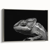 Framed canvas wall art showcasing a vibrant chameleon design in silver tones, ideal for reptile enthusiasts and modern decor, enhancing any living space.