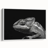 Framed wall art design showcasing a vibrant chameleon, featuring a colorful and detailed illustration on a white canvas, perfect for reptile enthusiasts and modern decor.