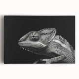 Vibrant chameleon wall art on stretched canvas, showcasing intricate details and rich colors, perfect for reptile enthusiasts and modern home decor.