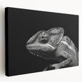 Colorful chameleon wall art printed on stretched canvas, showcasing vibrant greens and blues, ideal for reptile enthusiasts and home decor lovers.