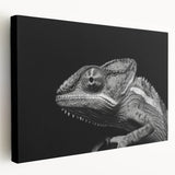 Colorful chameleon wall art printed on stretched canvas, showcasing vibrant greens and blues, ideal for reptile enthusiasts and home decor lovers.
