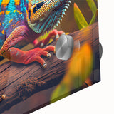 Vibrant close-up of a chameleon design wall art piece, showcasing intricate details and vivid colors on acrylic glass, perfect for reptile enthusiasts and home decor.