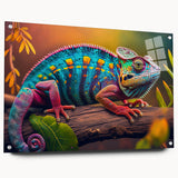 Acrylic wall art featuring a vibrant chameleon design in a side view, showcasing intricate details and colors, mounted with decorative pins for display.
