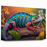 Vibrant chameleon wall art design displayed on acrylic glass, showcasing stunning colors and intricate details, perfect for reptile enthusiasts and modern decor.