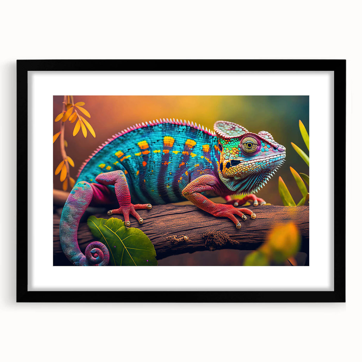 Framed wall art depicting a vibrant chameleon design, showcasing intricate details and rich colors, set against a sleek black frame, ideal for reptile enthusiasts.