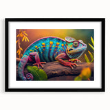 Framed wall art depicting a vibrant chameleon design, showcasing intricate details and rich colors, set against a sleek black frame, ideal for reptile enthusiasts.