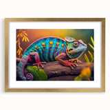 Charming chameleon wall art print in a gold frame, showcasing vibrant colors and intricate details, perfect for reptile enthusiasts and modern decor.