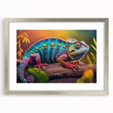 Charming wall art featuring a vibrant chameleon design, elegantly framed in a silver mat, perfect for enhancing modern home decor or reptile-themed spaces.