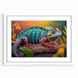 Charming wall art featuring a vibrant chameleon design, elegantly framed with a white mat, perfect for reptile-themed decor in modern interiors.