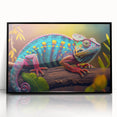 Framed black acrylic wall art featuring a vibrant chameleon design, ideal for reptile lovers and modern decor enthusiasts, enhancing any living space with color.